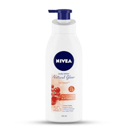NIVEA Body Lotion Natural Glow, Cell Repair with UVA/UVB filters and SPF 15 | 50X Vitamin C for Even Skin Tone| Light MOISTURISING, non-greasy formula with an instant cooling sensation| Gives Glowing Skin - For Men & Women | 400 ml