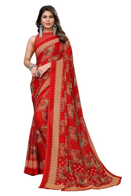 Yashika Women's Trendy Printed Georgette Purple Color Saree with Blouse Material